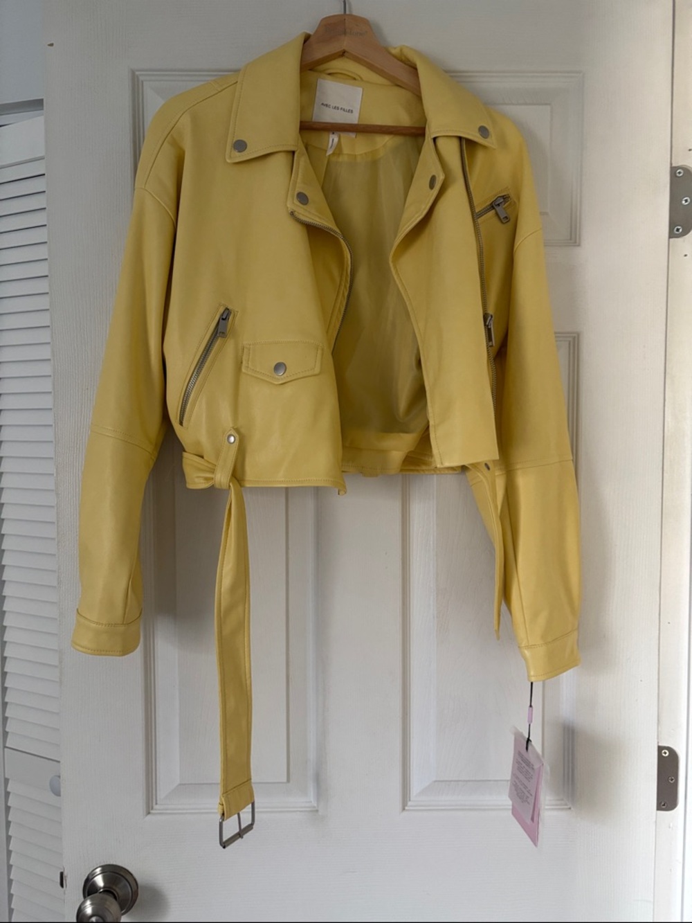 Vici Collection - Lucia Pocketed Faux Leather Crop Moto Jacket - Lemon